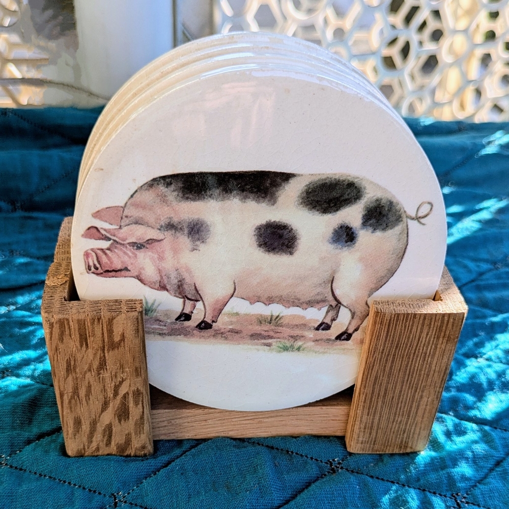 Pig Design Coaster Set with Wooden Holder